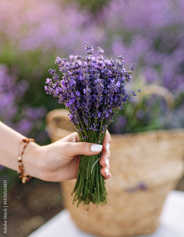 Hand holding lavender bundle in garden with purple flowers and basket in background Hand holding lavender bundle in garden with purple flowers and basket in background