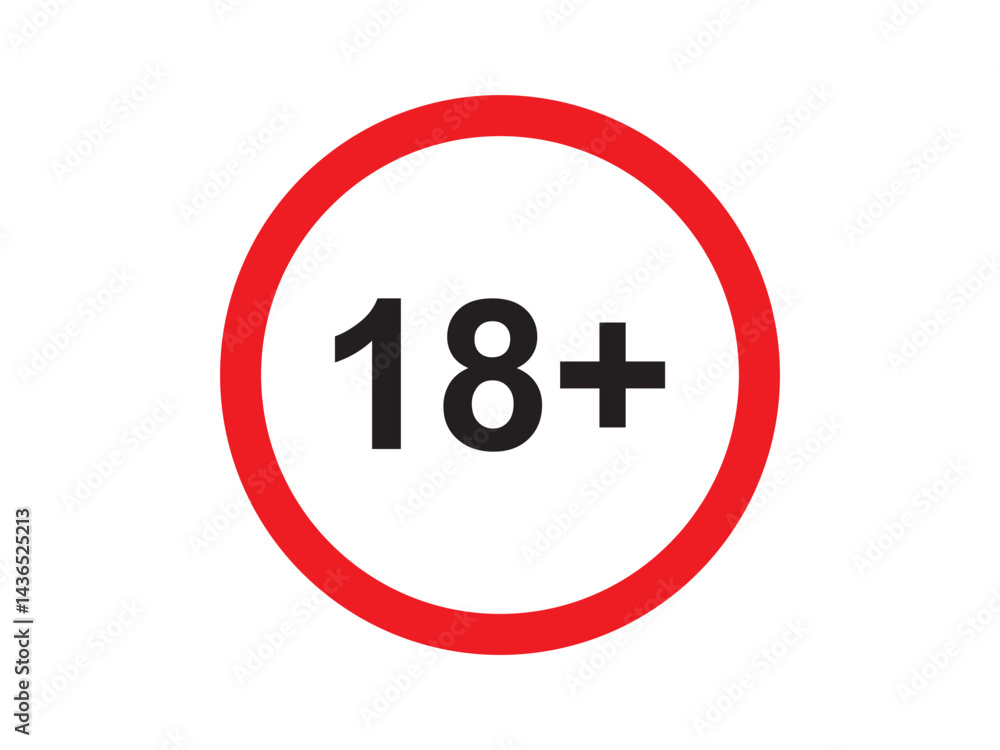 Bold red and black 18+ age restriction icon vector flat illustration design. Warning symbol for legal compliance. 18 icon. 18 symbol. Bold red and black 18+ age restriction icon vector flat illustration design. Warning symbol for legal compliance. 18 icon. 18 symbol.