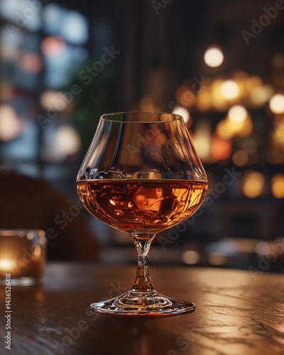 Glass of amber liquor on wooden table in cozy bar setting
