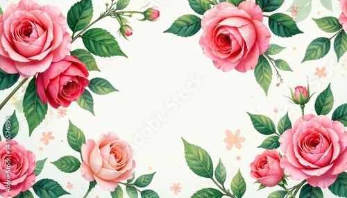 Delicate watercolor rose blooms, lush green leaves repeating pattern, graphics, flowers, seamless pattern