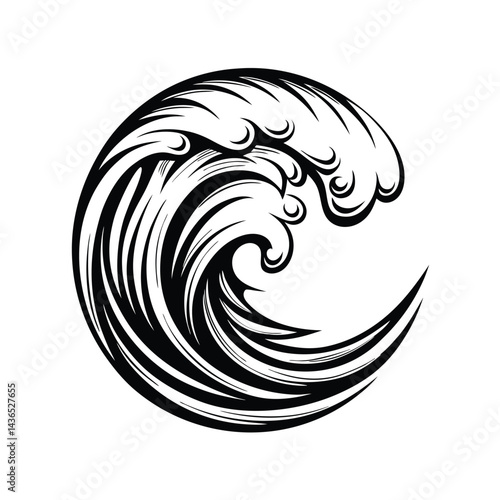 Black Stylized Ocean Wave Isolated on White Background, Circular Water Icon, Nature Art