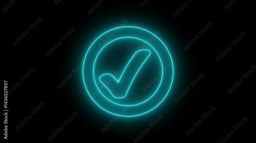 Tick mark circle symbol animation, A glowing checkmark inside a circle on a black background Tick mark circle symbol animation, A glowing checkmark inside a circle on a black background