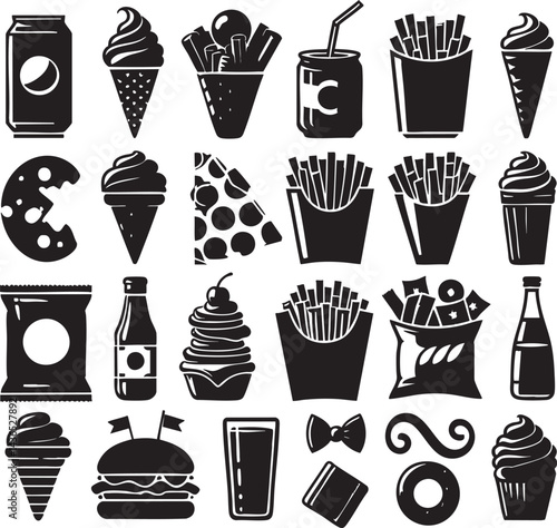 Fast food icons and ice cream set form a seamless vector pattern with dessert and drink symbols