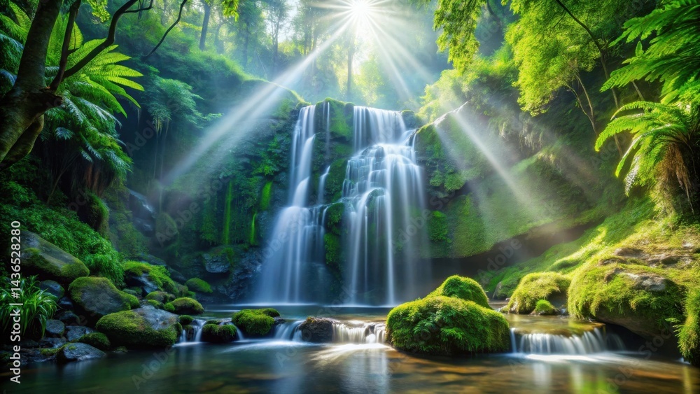 Serene Waterfall Cascading Through Lush, Moss-Covered Rocks Bathed in Sunbeams Serene Waterfall Cascading Through Lush, Moss-Covered Rocks Bathed in Sunbeams