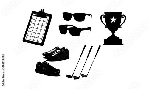 Cheerful illustration of golfing gear arranged on a white background Featuring golf clubs sneakers sunglasses and a winner's trophy 