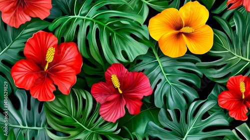 Vibrant Seamless Pattern of Flowers and Leaves on Dark Background