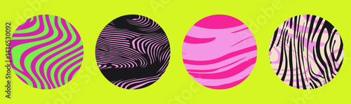Vector illustration featuring four circles with psychedelic, wavy abstract patterns in pink and green neon colors. Each circle has a unique, trippy design for a bold, modern look.