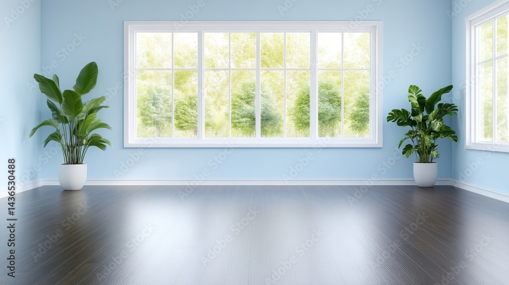 Fototapeta premium Empty light-blue room with large windows and plants