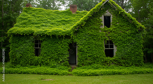 Vibrant Green Pueraria Montana (kudzu) Vines Covering An Abandoned House
