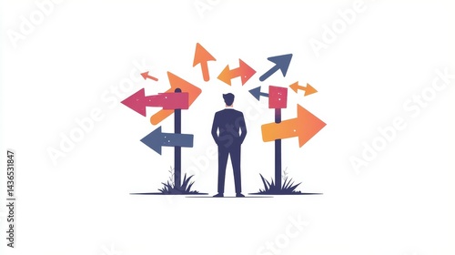 A man stands before multiple directional arrows, symbolizing choices and decisions.