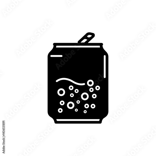 Black Icon of a Soda Can with Bubble Details and Open Tab