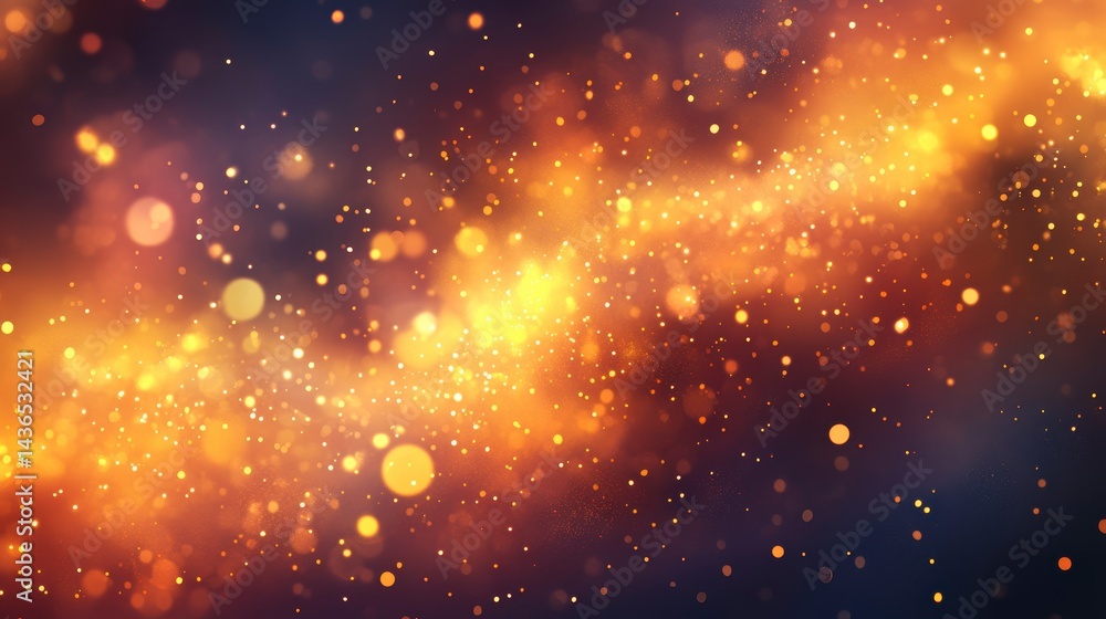 Abstract swirling golden particles and bokeh lights on dark background.
