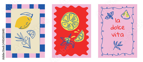 Set of hand drawn vintage posters in dolce vita style. Vector illustration of italian style hand drawn posters. Illustration for invitations, menus design. Breakfast, lunch, dinner concept.	