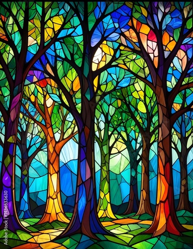 Colorful Stained Glass Forest Illustration