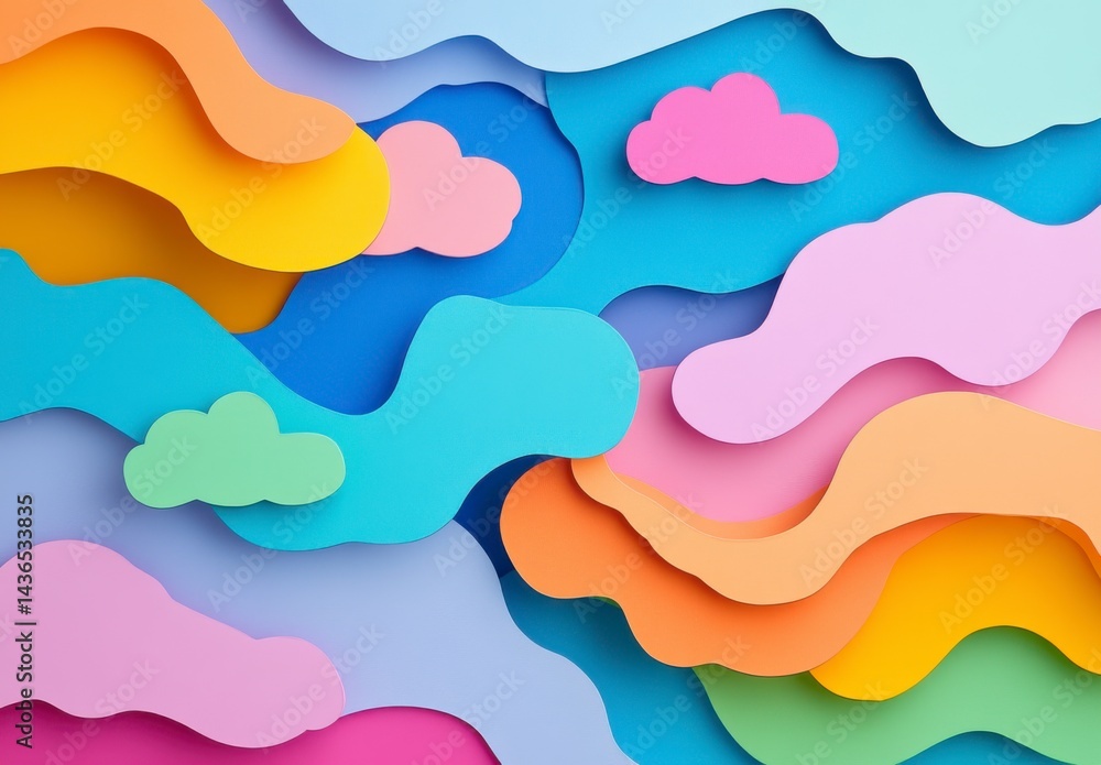 Abstract Colorful Paper Art Landscape with Layered Clouds and Wavy Hills Abstract Colorful Paper Art Landscape with Layered Clouds and Wavy Hills