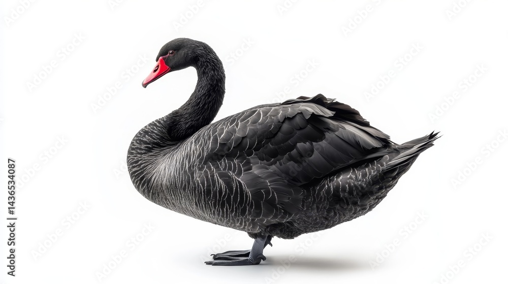Fototapeta premium Black swan standing gracefully on white background, detailed feathers and red beak.