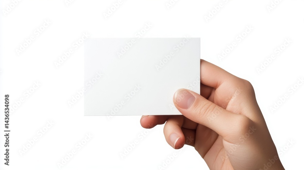 Obraz premium Hand holding blank white business card on clean background, close-up photography style.