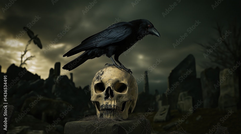 Fototapeta premium A raven stood upon a human skull in a cemetary, very detailed, anatomically correct, clean and crisp realistic photo created by ai