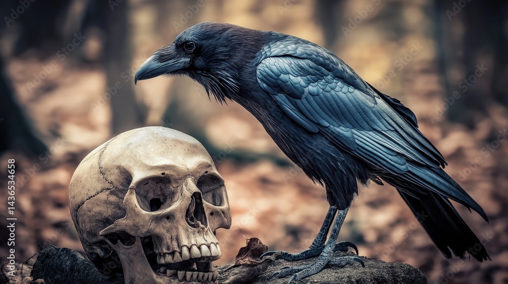Obraz premium A raven stood upon a human skull in a cemetary, very detailed, anatomically correct, clean and crisp realistic photo created by ai