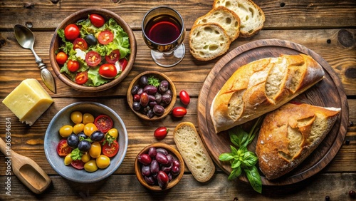 Wallpaper Mural Rustic Tabletop Still Life Featuring Fresh Salad, Olives, Cherry Tomatoes, Crusty Bread, and Red Wine Torontodigital.ca