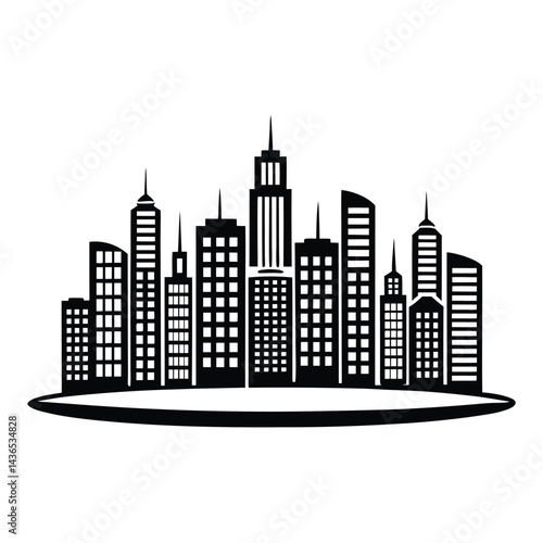 Silhouette cityscape with skyscrapers, black and white modern downtown skyline 89 char