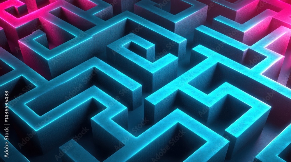 Neon Maze 3D illustration, complex pathways, abstract background, problem-solving concept Neon Maze 3D illustration, complex pathways, abstract background, problem-solving concept