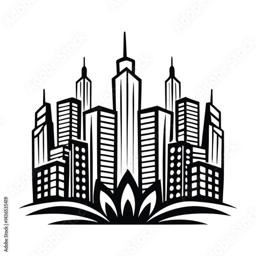 Black and White Cityscape with Tall Buildings and LotusLike Base Pattern