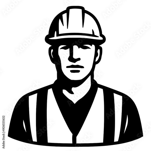 Construction Worker Bust with Hard Hat - Black and White Illustration for Trades, Labor, Building, or Graphic Themes