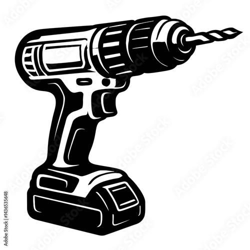 Cordless Drill with Bit - Black and White Illustration for Tools, Technology, DIY, or Industry Themes