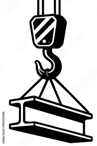 Crane Hook Lifting Steel Girder - Black and White Illustration for Construction, Heavy Industry, Engineering, or Graphic Themes