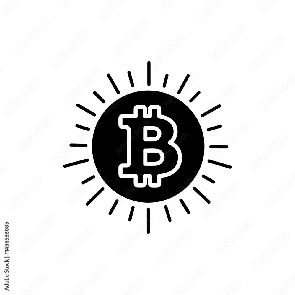 Bitcoin Symbol with Radiating Lines Like Sun Black Filled Icon Bitcoin Symbol with Radiating Lines Like Sun Black Filled Icon
