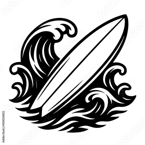 Surfboard on Wave - Black and White Illustration for Surfing, Sports, Ocean, or Travel Themes