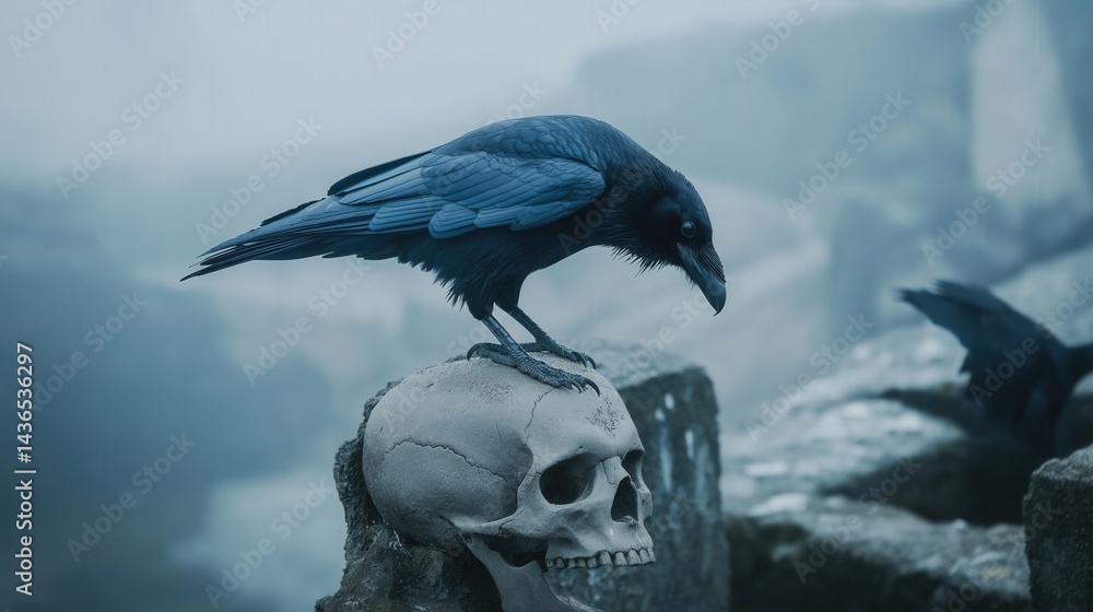 Fototapeta premium A raven stood upon a human skull in a cemetary, very detailed, anatomically correct, clean and crisp realistic photo created by ai
