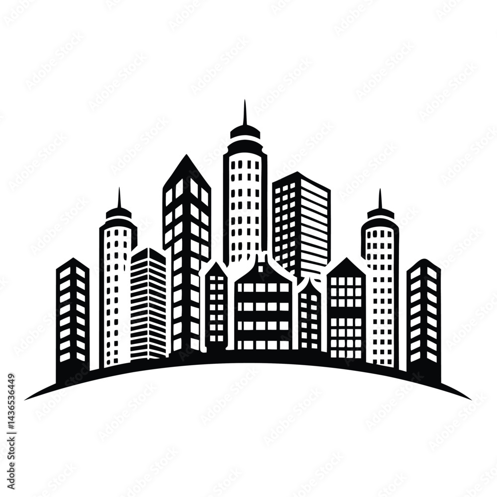 Obraz premium Black and White Cityscape Silhouette Urban Skyline with Buildings and Tower Design