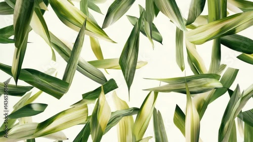 Dynamic composition of green leaves with varying shades on a light background.