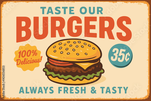 Vintage metal sign with homestyle hamburgers text, retro diner food advertisement design with editable grunge texture, vector illustration for restaurant or fast food promotion