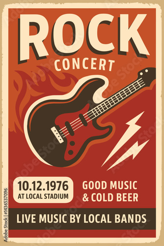 Rock Music Retro Poster Design, Electric Guitar And Fire Flames On Old Paper Texture, Vintage Hard Rock Festival Template