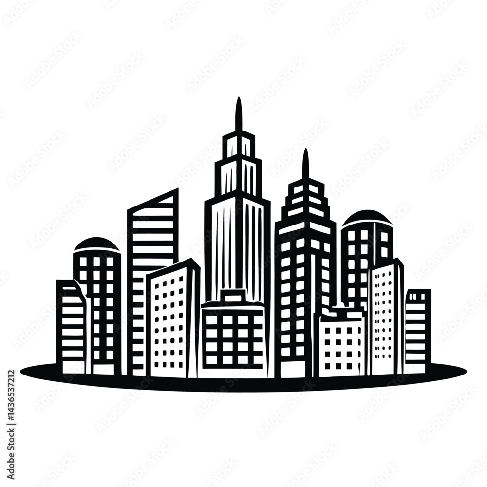 Monochrome Cityscape Silhouette Modern Buildings, Skyscrapers and Urban Skyline Design Monochrome Cityscape Silhouette Modern Buildings, Skyscrapers and Urban Skyline Design