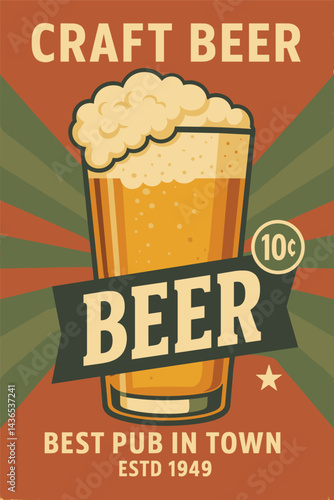 Vintage Beer Advertising Poster – Glass of Lager and Ale on Retro Metal Background with Creative Typography, Pub Sign Template