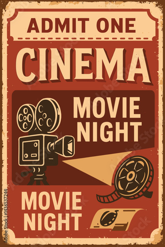 Retro Cinema Poster Design – Vintage Movie Advertisement For Summer Festival On Old Paper Texture, Vector Illustration