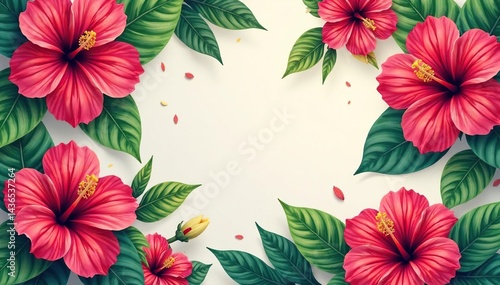 Bold vibrant hibiscus blooms, tropical seamless design, bright, seamless