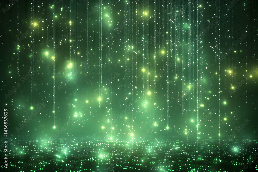 Green glowing particles digital rain background Green glowing particles digital rain background