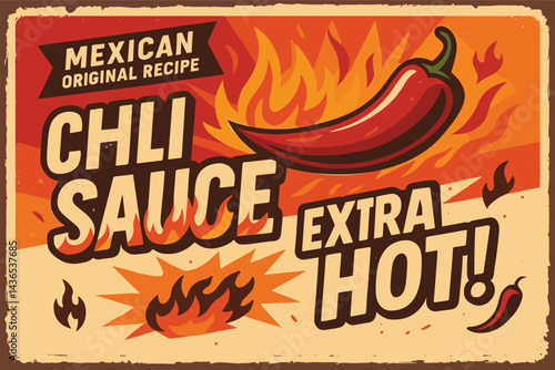 Spicy Chili Sauce Vintage Tin Sign – Chili Pepper and Flame Mexican Food Ad On Retro Metal Background