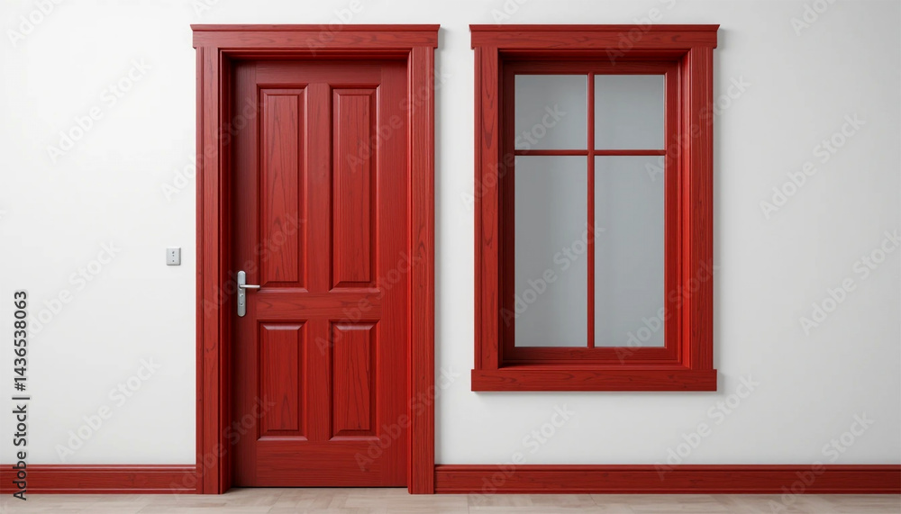 Crimson Elegance: A striking interplay of a crimson door and window against a clean backdrop. Showcasing a modern design, this image captures architectural simplicity. Crimson Elegance: A striking interplay of a crimson door and window against a clean backdrop. Showcasing a modern design, this image captures architectural simplicity.