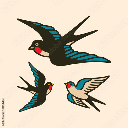 Bird Tattoo, Vintage retro colorful Old School Traditional classic Swallow Birds Dove Flying tattoo Set, Vector Illustration.