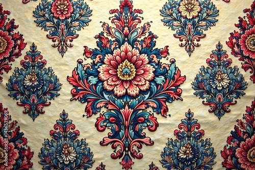 Intricate floral damask pattern in muted tones on fabric , leaves, gray, brown