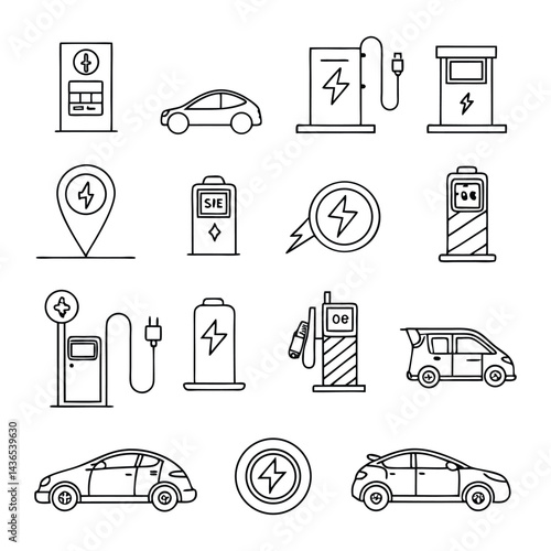 Electric Car Infrastructure Icon Pack – 15 Clean Line Style Vector Illustrations for Charging Points, Eco Transport, and Renewable Energy Concepts
