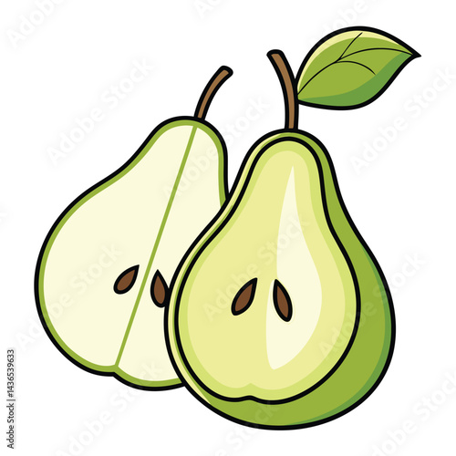 Two halved pears with leaves