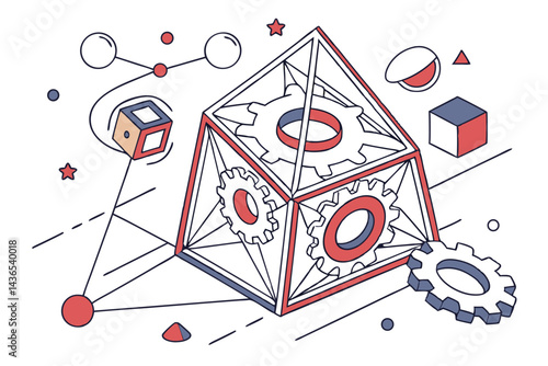 73 Abstract geometric composition, chaotic 3D shapes, spheres and cubes, mechanical parts, colorful elements, exploding design, interconnected lines, floating objects, white background, digital art, f