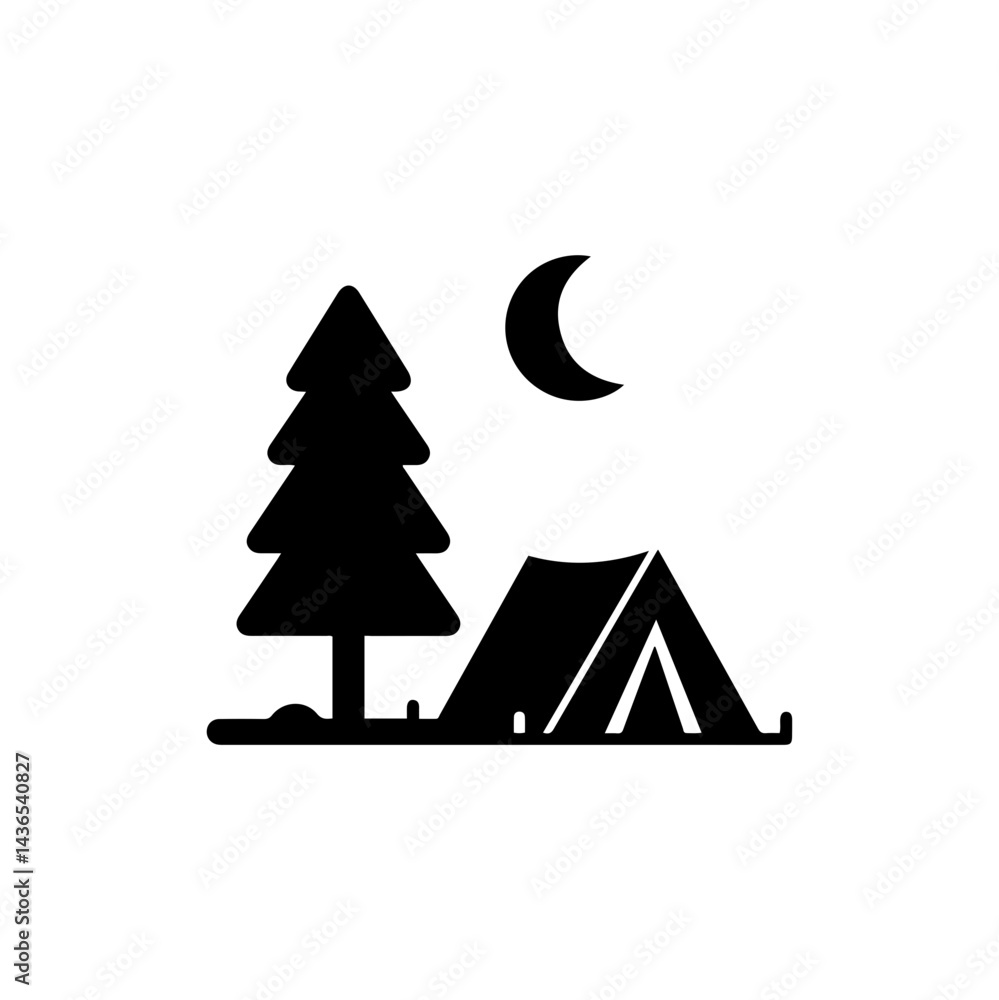 Obraz premium Compact Tent Under Pine Tree with Moon - Simple Filled Design